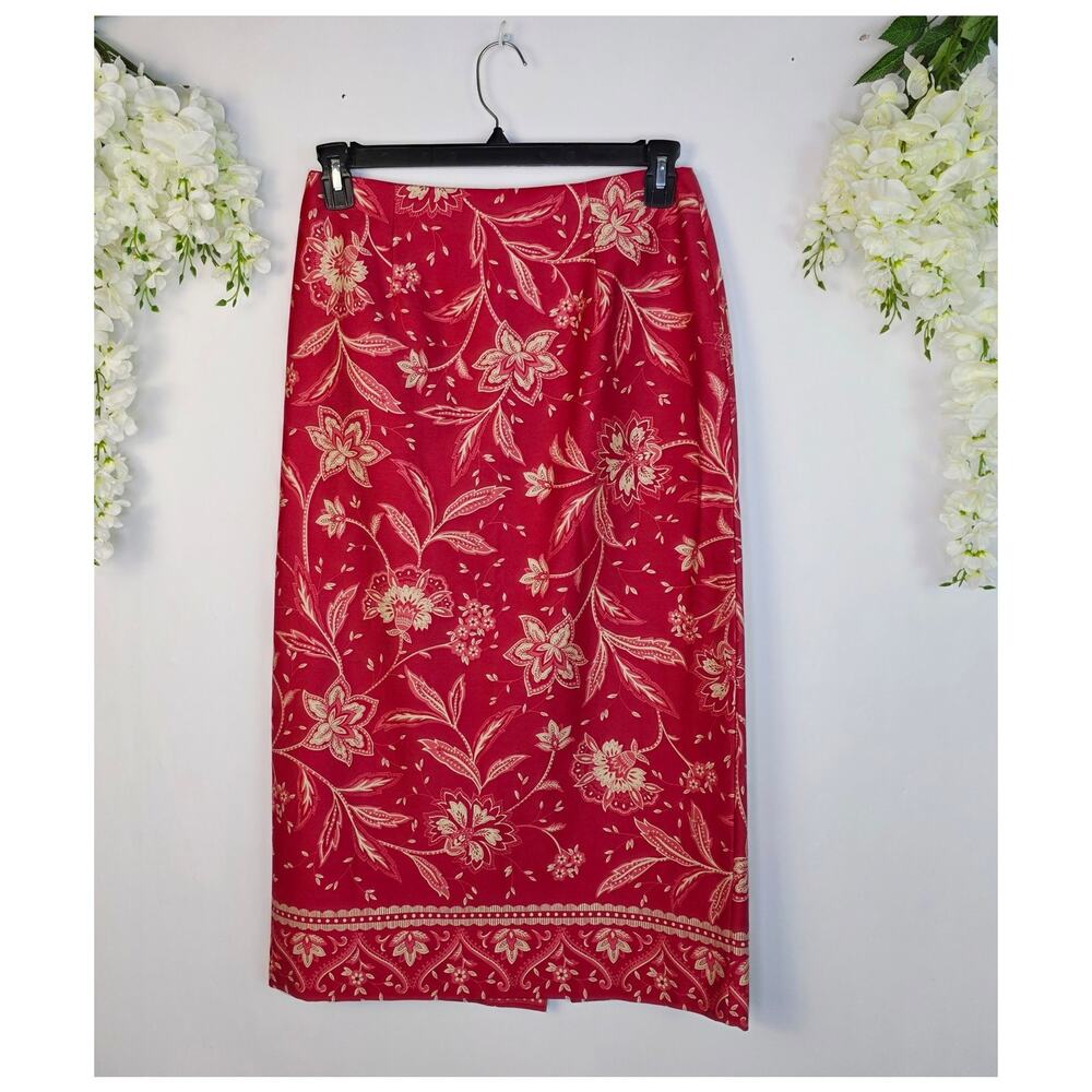 Talbots Petites Skirt 10 Berry Red Floral Midi Cotton Zip Boho Cottage Classic - Picture 2 of 14